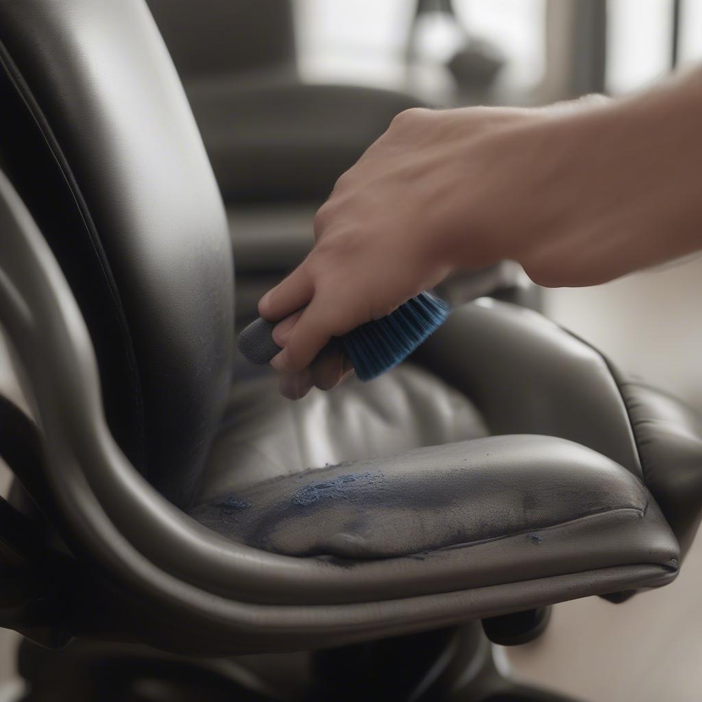 Cleaning a Fortnite gaming chair with various cleaning tools