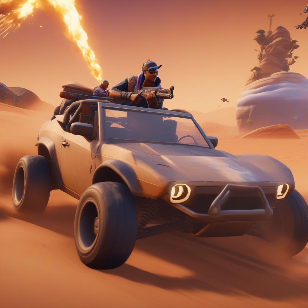 Fortnite Chapter 5 Season 3 gameplay in a desert with new vehicles and weapons